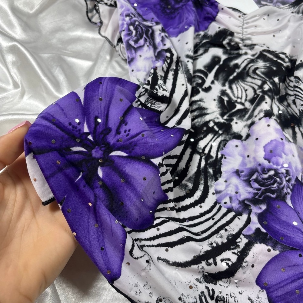 y2k Brittany Black Floral Animal Print Top Purple Rhinestone Ruched M - Picture 3 of 6